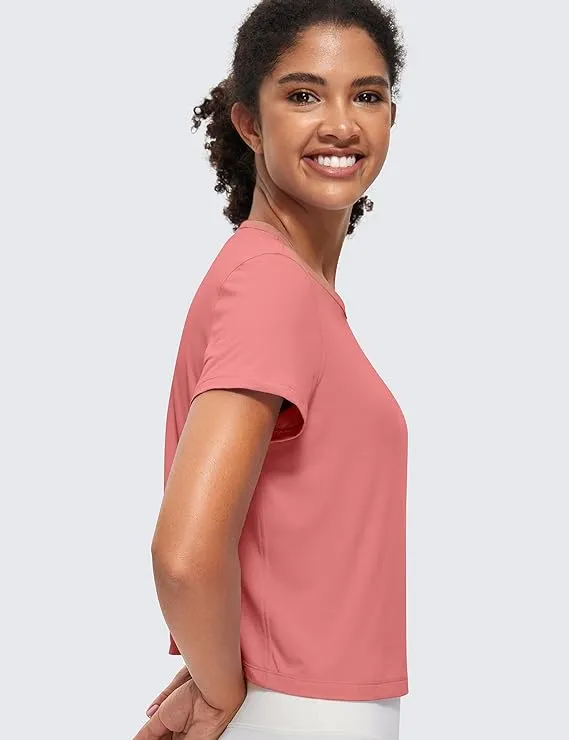 Women's Workout Crop Top T-Shirt Gym Yoga Running Basic Tee Pink